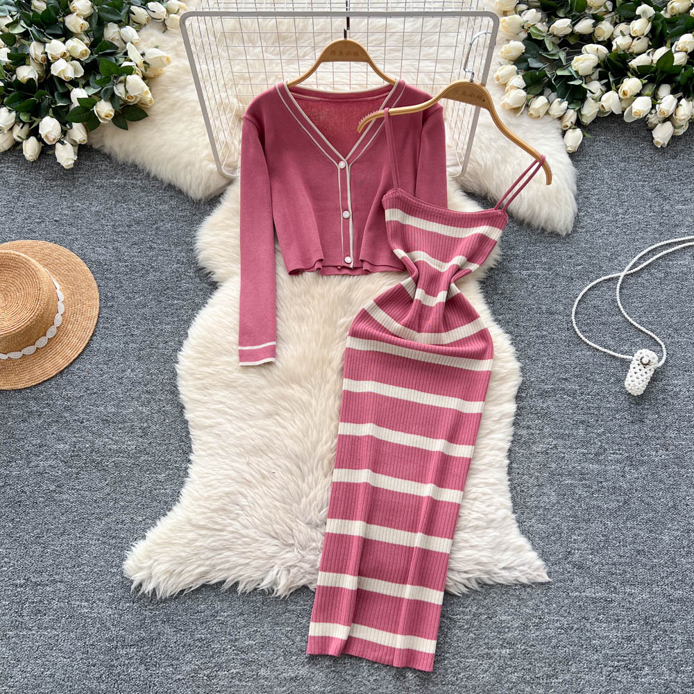 Summer Clothing In Winter - Seksi temelleri çizgili Örgü ince Elbise