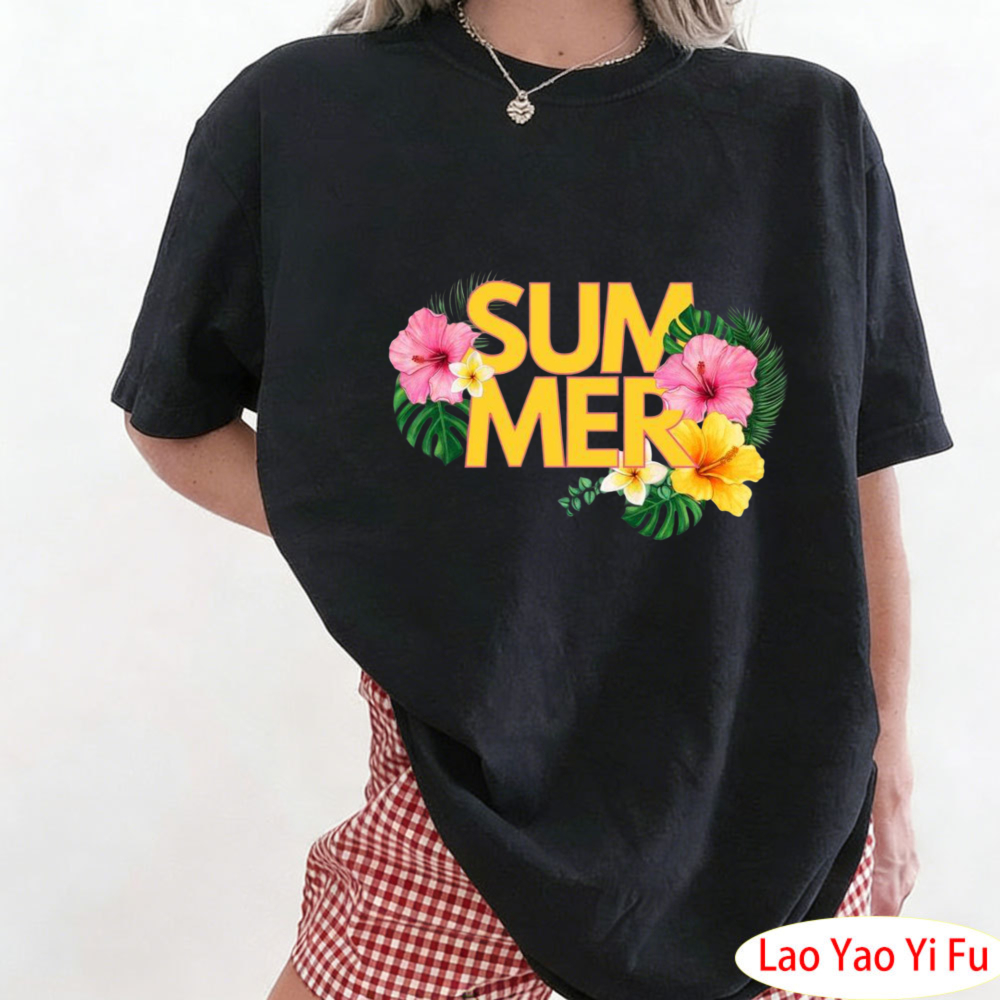 Summer Clothing Resort - Yaz Tropikal Çiçekli Tişört Renkli Çiçek