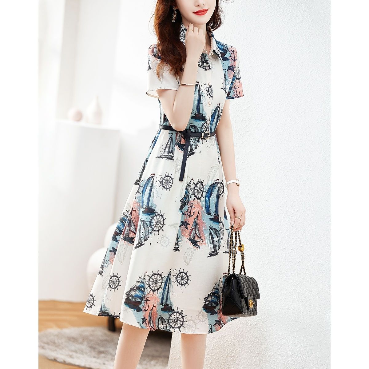 Summer Clothing H&M - Moda bayanlar zarif Polo-boyun baskılı Midi